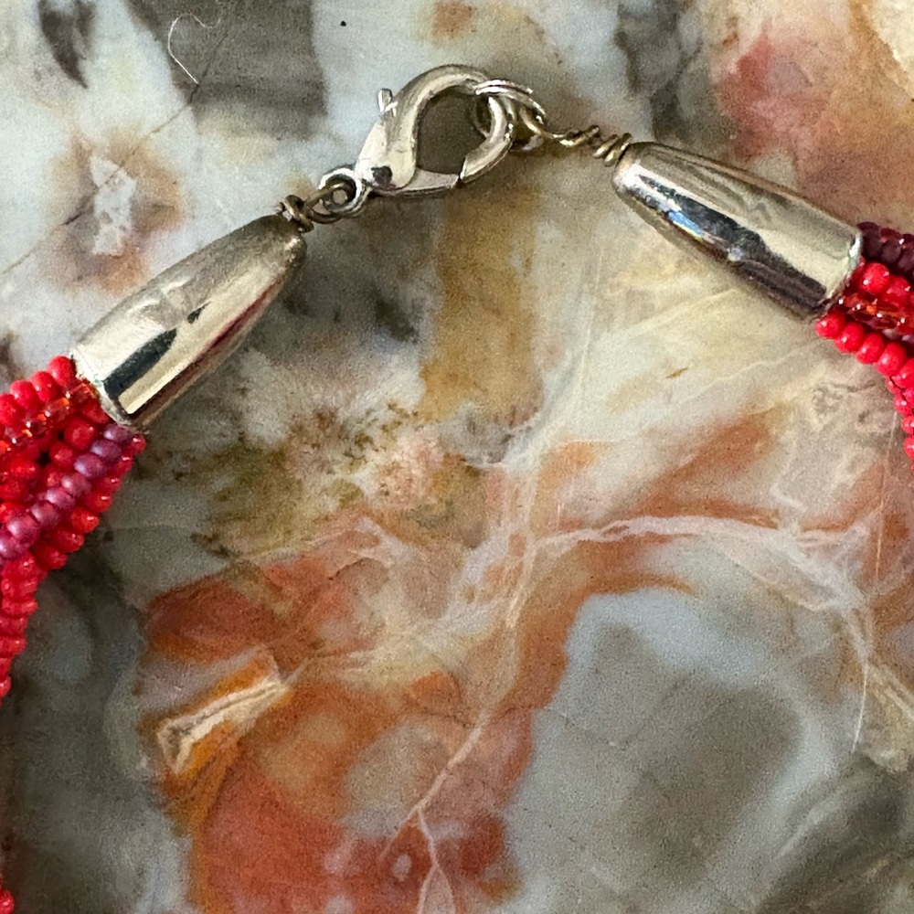 Multiple Strands Tiny Red Beaded Necklace With Si… - image 4